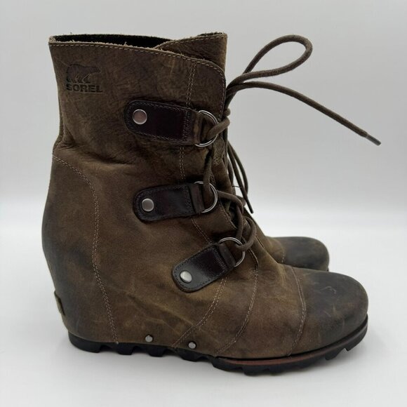 Sorel Joan Of Arctic Wedge Boots Brown Rustic Leather Lace-Up Womens Size 9 - Picture 4 of 9